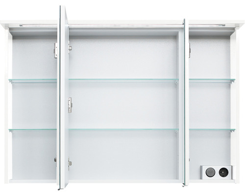 Armoire de toilette ouverte à trois portes avec tablettes en verre