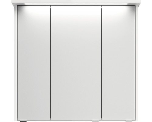 Weißer Spiegelschrank mit drei Türen und integrierter Beleuchtung.