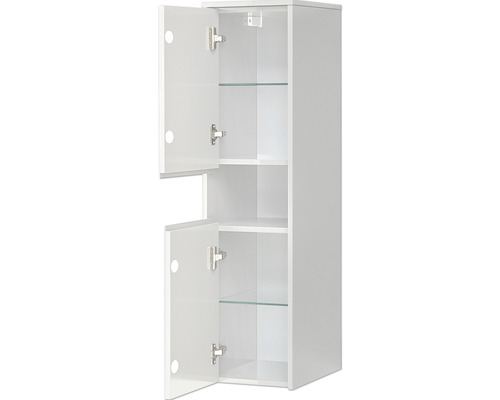 Weißer Hängeschrank mit zwei offenen Türen und Glasböden.