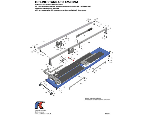 Vue éclatée de la machine à couper les carreaux avec rails de guidage, extension de la surface d''appui latérale et roulettes de transport