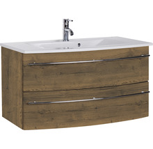 Badmöbel-Set Marlin 3040 Frontfarbe Eiche braun Holzdekor 2-teilig mit Keramik-Waschtisch weiß BxHxT 91 x 90 x 51 cm