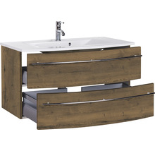 Badmöbel-Set Marlin 3040 Frontfarbe Eiche braun Holzdekor 2-teilig mit Keramik-Waschtisch weiß BxHxT 91 x 90 x 51 cm