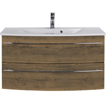 Badmöbel-Set Marlin 3040 Frontfarbe Eiche braun Holzdekor 2-teilig mit Keramik-Waschtisch weiß BxHxT 91 x 90 x 51 cm