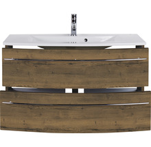 Badmöbel-Set Marlin 3040 Frontfarbe Eiche braun Holzdekor 2-teilig mit Keramik-Waschtisch weiß BxHxT 91 x 90 x 51 cm