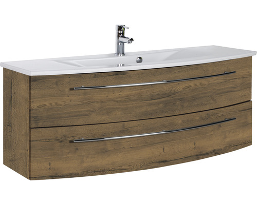 Ensemble de meubles de salle de bains Marlin 3040 couleur de façade chêne marron décor bois 2 pièces avec lavabo en céramique blanc lxhxp 121 x 90 x 51 cm