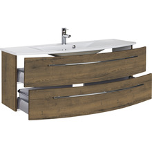 Badmöbel-Set Marlin 3040 Frontfarbe Eiche braun Holzdekor 2-teilig mit Keramik-Waschtisch weiß BxHxT 121 x 90 x 51 cm