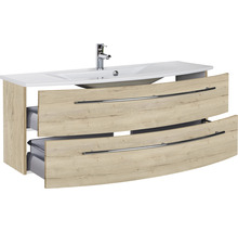 Badmöbel-Set Marlin 3040 Frontfarbe Eiche weiß Holzdekor 2-teilig mit Keramik-Waschtisch weiß BxHxT 121 x 90 x 51 cm