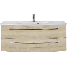 Badmöbel-Set Marlin 3040 Frontfarbe Eiche weiß Holzdekor 2-teilig mit Keramik-Waschtisch weiß BxHxT 121 x 90 x 51 cm