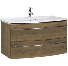 Badmöbel-Set Marlin 3040 Frontfarbe Eiche braun Holzdekor 2-teilig mit Mineralmarmor-Waschtisch weiß BxHxT 92,4 x 90 x 48 cm