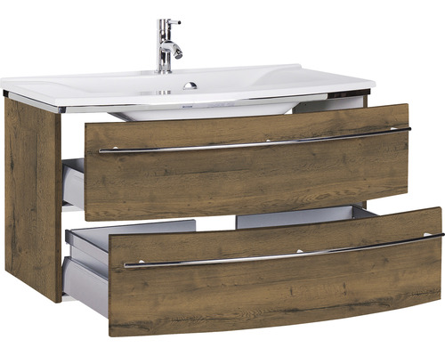 Waschtischunterschrank mit zwei offenen Schubladen und Aufsatzwaschbecken