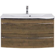 Badmöbel-Set Marlin 3040 Frontfarbe Eiche braun Holzdekor 2-teilig mit Mineralmarmor-Waschtisch weiß BxHxT 92,4 x 90 x 48 cm