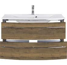Badmöbel-Set Marlin 3040 Frontfarbe Eiche braun Holzdekor 2-teilig mit Mineralmarmor-Waschtisch weiß BxHxT 92,4 x 90 x 48 cm