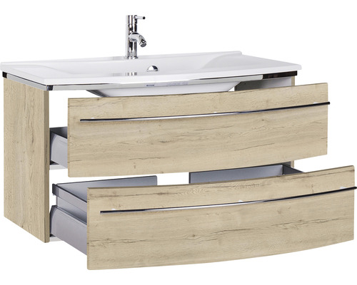 Waschtischunterschrank mit zwei offenen Schubladen und Keramikwaschbecken