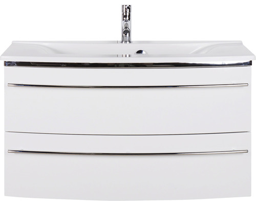 Weißer Waschtisch mit zwei Schubladen und Armatur