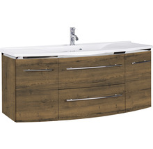 Badmöbel-Set Marlin 3040 Frontfarbe Eiche braun Holzdekor 2-teilig mit Mineralmarmor-Waschtisch weiß BxHxT 122 x 90 x 48 cm