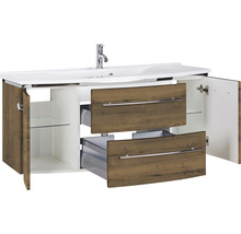 Badmöbel-Set Marlin 3040 Frontfarbe Eiche braun Holzdekor 2-teilig mit Mineralmarmor-Waschtisch weiß BxHxT 122 x 90 x 48 cm