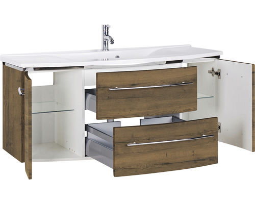 Waschtischunterschrank mit Waschbecken, zwei Schubladen und offenen Fächern