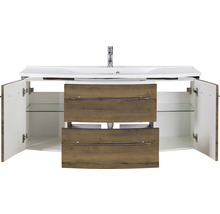 Badmöbel-Set Marlin 3040 Frontfarbe Eiche braun Holzdekor 2-teilig mit Mineralmarmor-Waschtisch weiß BxHxT 122 x 90 x 48 cm