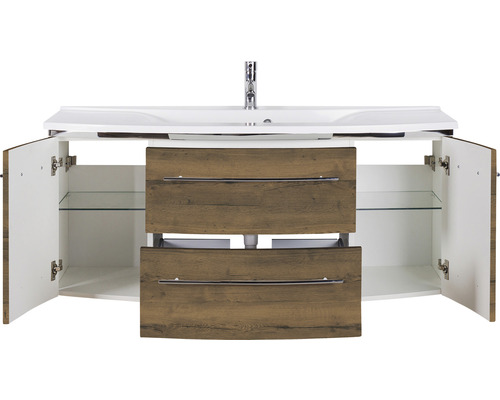 Waschtischunterschrank mit zwei Schubladen, zwei Türen und Glasböden