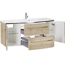 Badmöbel-Set Marlin 3040 Frontfarbe Eiche natur Holzdekor 2-teilig mit Mineralmarmor-Waschtisch weiß BxHxT 122 x 90 x 48 cm