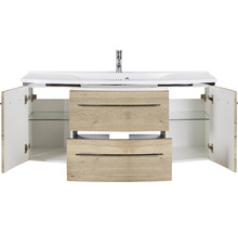 Badmöbel-Set Marlin 3040 Frontfarbe Eiche natur Holzdekor 2-teilig mit Mineralmarmor-Waschtisch weiß BxHxT 122 x 90 x 48 cm