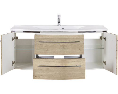 Meuble sous-lavabo avec lavabo, deux tiroirs et portes ouvertes