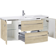 Badmöbel-Set Marlin 3040 Frontfarbe Eiche weiß Holzdekor 2-teilig mit Mineralmarmor-Waschtisch weiß BxHxT 122 x 90 x 48 cm