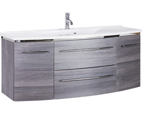 Badmöbel-Set Marlin 3040 Frontfarbe Kastanie graphit Holzdekor 2-teilig mit Mineralmarmor-Waschtisch weiß BxHxT 122 x 90 x 48 cm Waschtischunterschrank mit Waschbecken und zwei Schubladen
