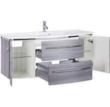 Badmöbel-Set Marlin 3040 Frontfarbe Kastanie graphit Holzdekor 2-teilig mit Mineralmarmor-Waschtisch weiß BxHxT 122 x 90 x 48 cm