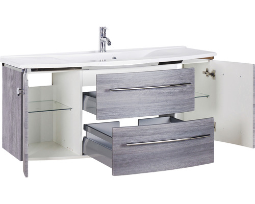 Meuble sous-lavabo avec tiroirs coulissants et compartiments ouverts