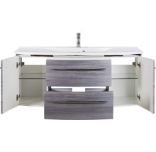 Badmöbel-Set Marlin 3040 Frontfarbe Kastanie graphit Holzdekor 2-teilig mit Mineralmarmor-Waschtisch weiß BxHxT 122 x 90 x 48 cm