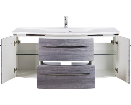 Meuble sous-lavabo avec lavabo, deux tiroirs et compartiments ouverts