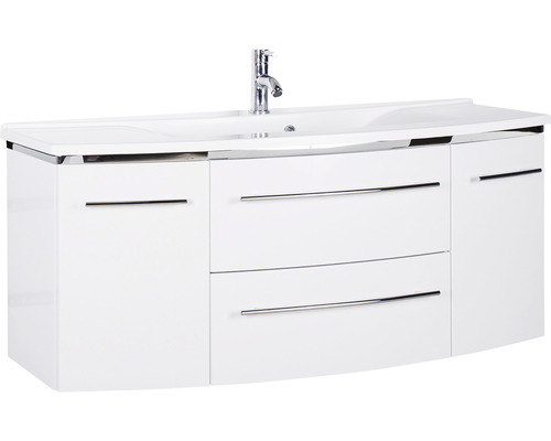 Ensemble de meubles de salle de bains Marlin 3040 couleur de façade blanc haute brillance 2 pièces avec lavabo en marbre minéral granit blanc lxhxp 122 x 90 x 48 cm