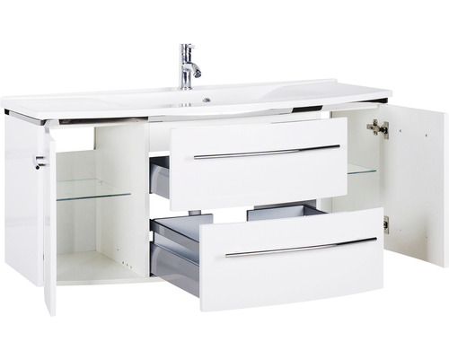 Meuble sous-lavabo avec lavabo, deux tiroirs et compartiments ouverts avec étagères en verre