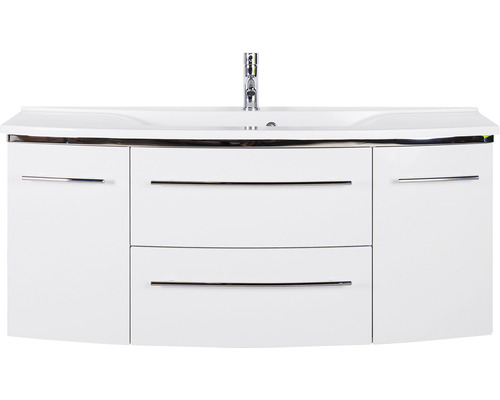 Meuble-lavabo blanc avec deux tiroirs, deux portes et vasque à poser avec robinet