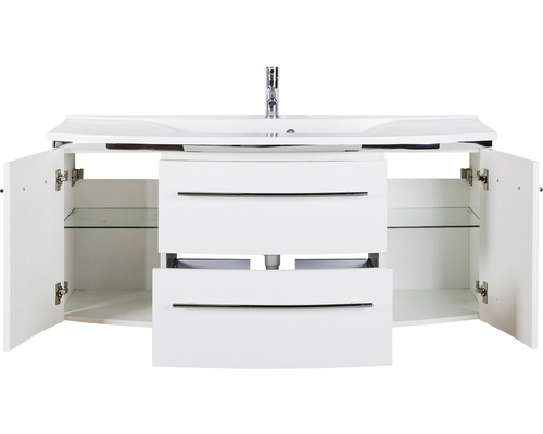 Meuble sous-lavabo blanc avec deux tiroirs, deux portes ouvertes et étagères en verre