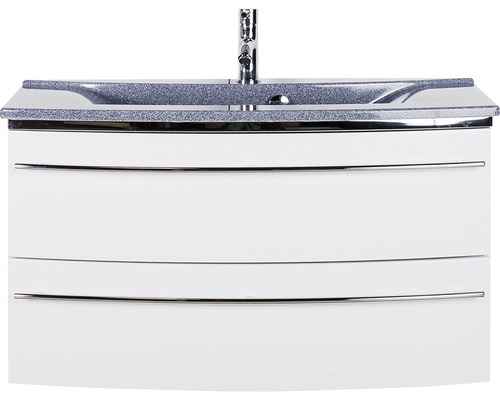 Meuble sous-vasque blanc avec plan de toilette gris et robinetterie