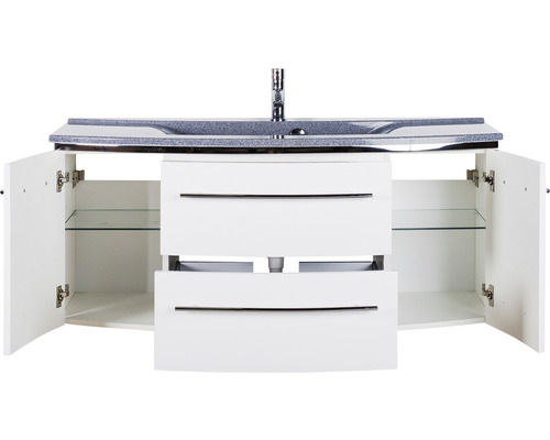 Meuble sous-lavabo avec deux tiroirs et deux compartiments ouverts