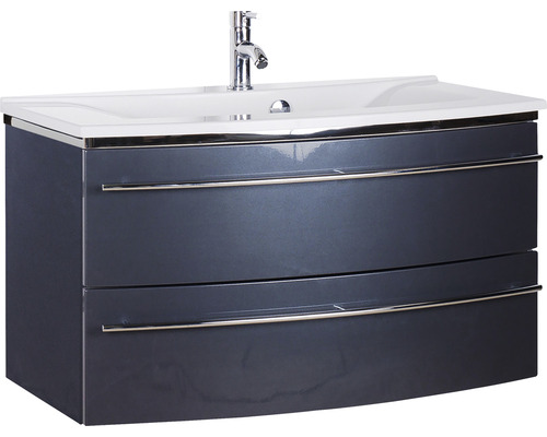 Ensemble de meubles de salle de bains Marlin 3040 couleur de façade anthracite brillant 2 pièces avec lavabo en marbre minéral granit blanc lxhxp 92,4 x 90 x 48 cm