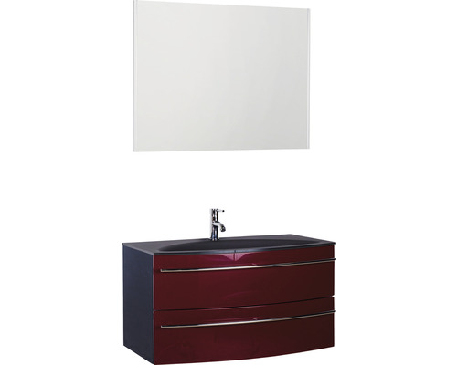 Ensemble de meubles de salle de bains Marlin 3040 couleur de façade rouge brillant 3 pièces avec lavabo en verre lxhxp 90,4 x 198,2 x 47,9 cm avec miroir