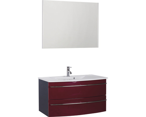 Badmöbel-Set Marlin 3040 Frontfarbe rot glanz 3-teilig mit Keramik-Waschtisch weiß BxHxT 91 x 198,2 x 51 cm mit Spiegel