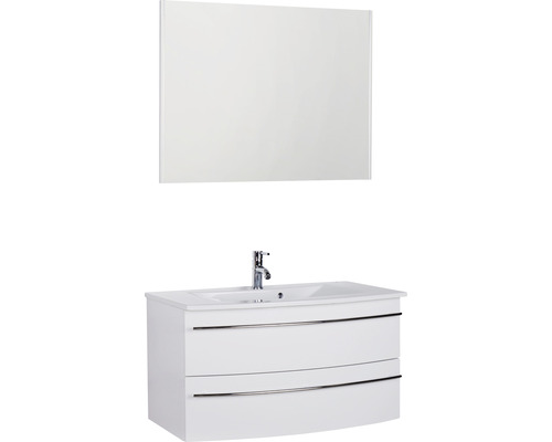 Badmöbel-Set Marlin 3040 Frontfarbe weiß hochglanz 3-teilig mit Keramik-Waschtisch weiß BxHxT 91 x 198,2 x 51 cm mit Spiegel