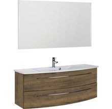 Ensemble de meubles de salle de bains Marlin 3040 couleur de façade chêne marron décor bois 3 pièces avec lavabo en céramique blanc lxhxp 121 x 198,2 x 51 cm avec miroir