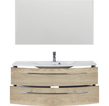 Badmöbel-Set Marlin 3040 Frontfarbe Eiche natur Holzdekor 3-teilig mit Keramik-Waschtisch weiß BxHxT 121 x 198,2 x 51 cm mit Spiegel