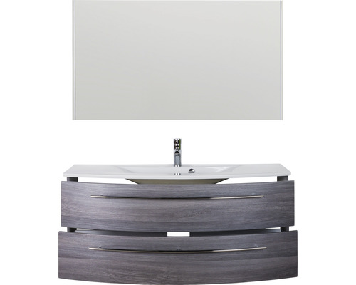 Ensemble de meuble-lavabo avec miroir, lavabo, robinetterie et meuble sous-vasque à deux tiroirs