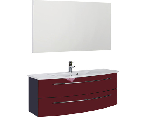 Badmöbel-Set Marlin 3040 Frontfarbe rot glanz 3-teilig mit Keramik-Waschtisch weiß BxHxT 121 x 198,2 x 51 cm mit Spiegel