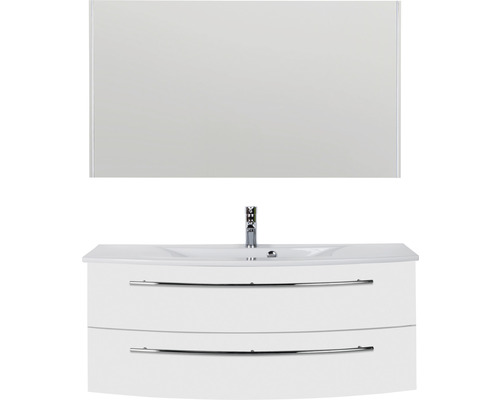 Waschtisch mit zwei Schubladen, Waschbecken, Armatur und Spiegel für das Badezimmer