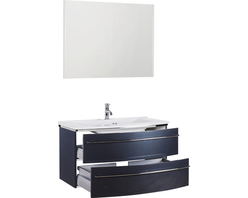 Meuble sous-vasque avec tiroir ouvert et miroir rectangulaire