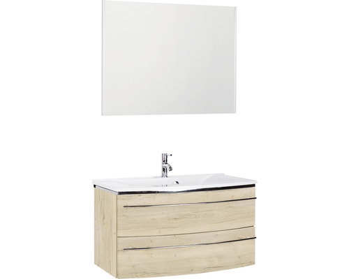 Badmöbel-Set Marlin 3040 Frontfarbe Eiche weiß Holzdekor 3-teilig mit Mineralmarmor-Waschtisch weiß BxHxT 92,4 x 198,2 x 48 cm mit Spiegel