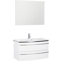 Ensemble de meubles de salle de bains Marlin 3040 couleur de façade blanc haute brillance 3 pièces avec lavabo en marbre minéral blanc lxhxp 92,4 x 198,2 x 48 cm avec miroir